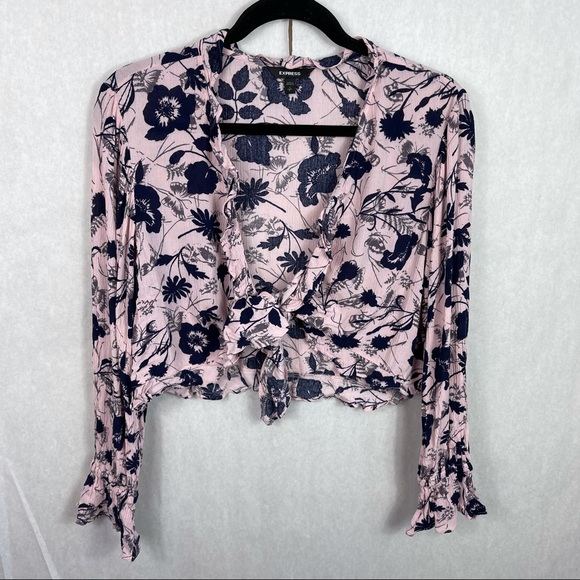 Express Tops - Express Floral Crop Top Tie Front Pink Small